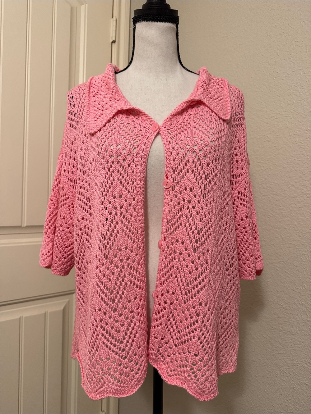 Urban Outfitters Pink Crochet Openwork Button-Front Cardigan